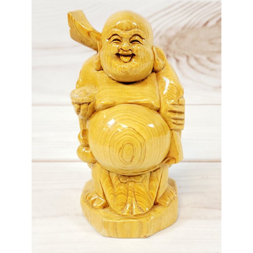 Hand Carved Wooden Laughing Buddha Statue Figurine Approximately 6.5” Tall